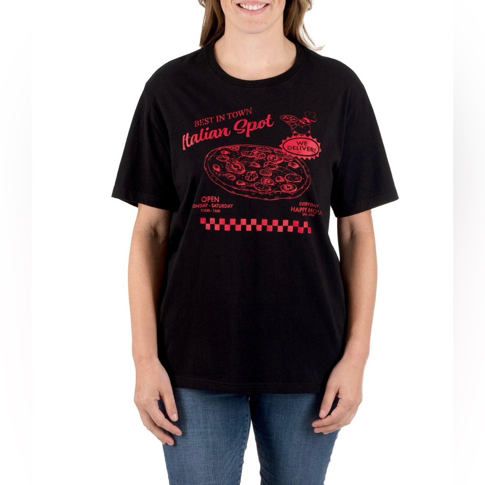 State of Mine XS Black Graphic Tee with Red Pizza Print NWT